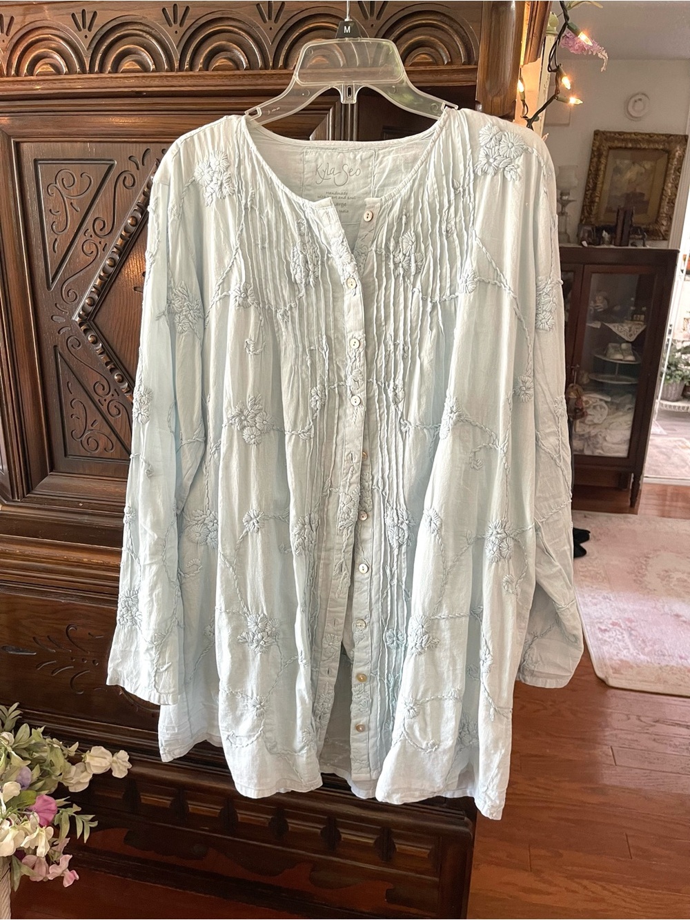 Light Blue Embroidered Button-Front Tunic Top - Relaxed Fit